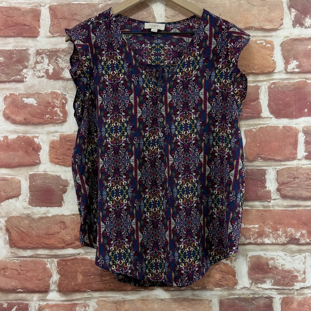 Ann Taylor Loft Top Women;s Medium Purple Multicolor Boho Chic Floral Shirt